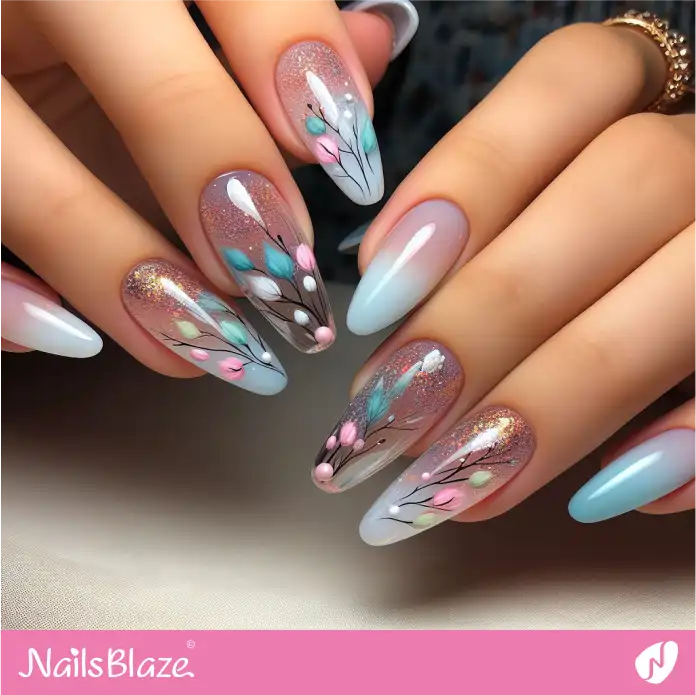 Watercolor Flowers Glossy Ombre Nails | Paint Nail Art - NB2231